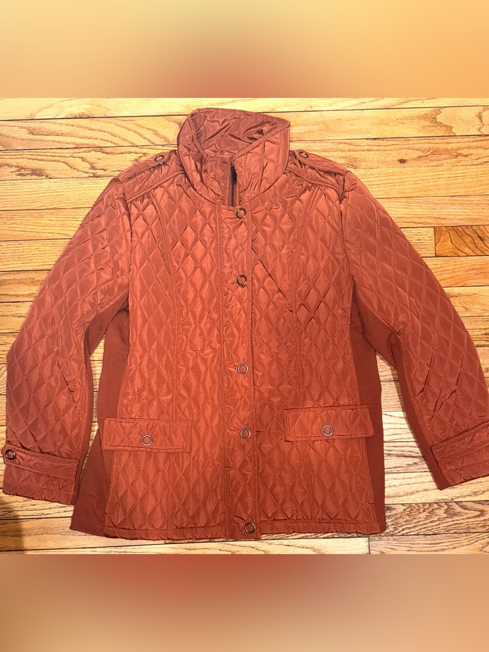 Women's Quilted Burnt Orange Puffer Jacket with Snap Front